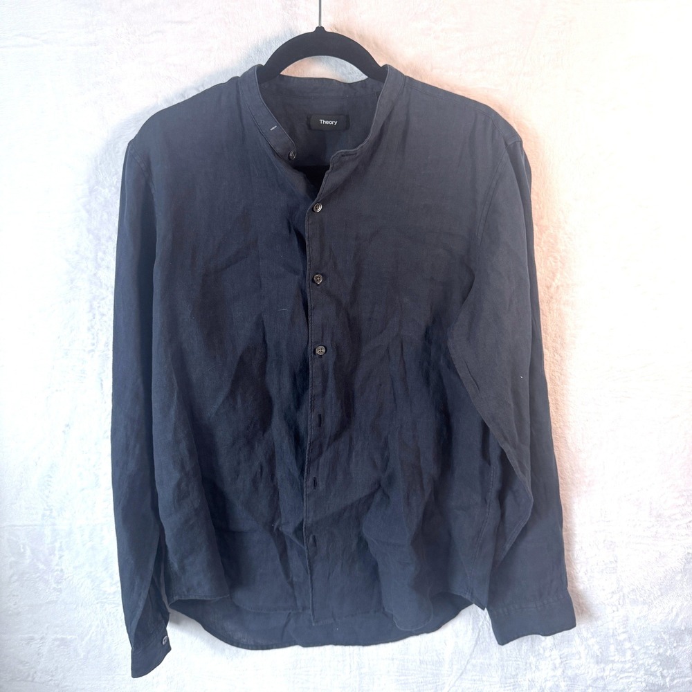 Theory Linen Shirt‎ Rammy BC NP Band Collar Size M Space Navy Blue Mens